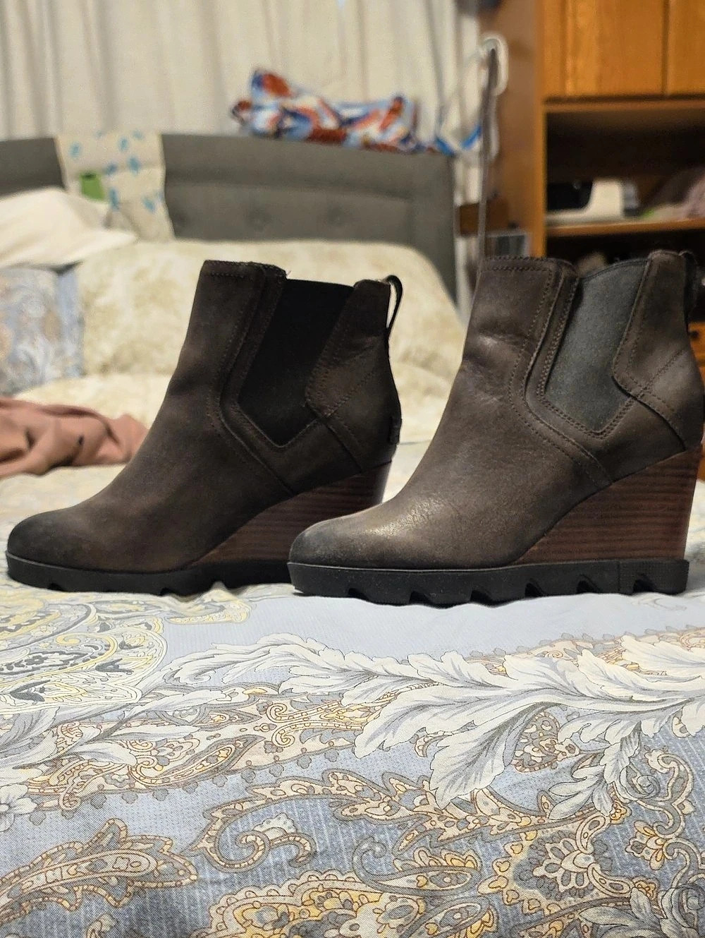 Sorel Joan Uptown Leather Wedge Booties Brown US 8